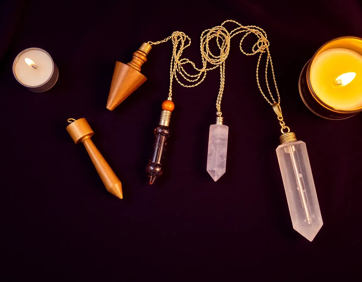 Plusieurs pendules divinatoires en laiton, bois et quartz posés sur un velours violet