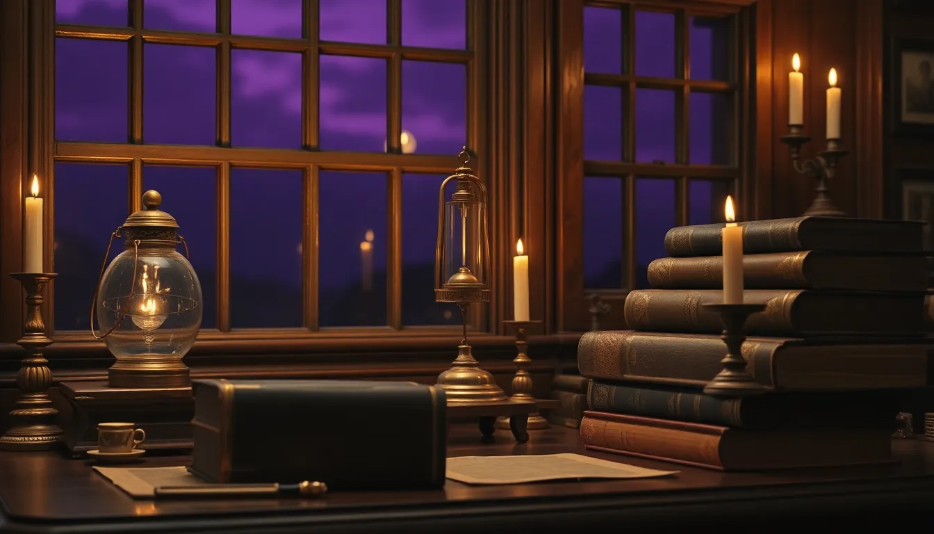 Cabinet d'étude ancien avec des livres reliés et un pendule en laiton suspendu à un support en bois