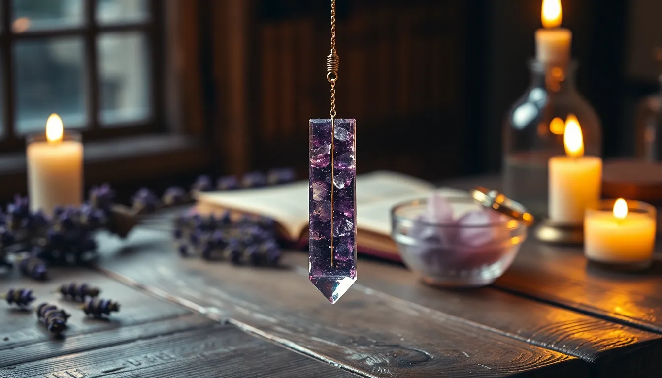 Pendule divinatoire en améthyste suspendu à une chaîne dorée au-dessus d'une table en bois éclairée à la bougie