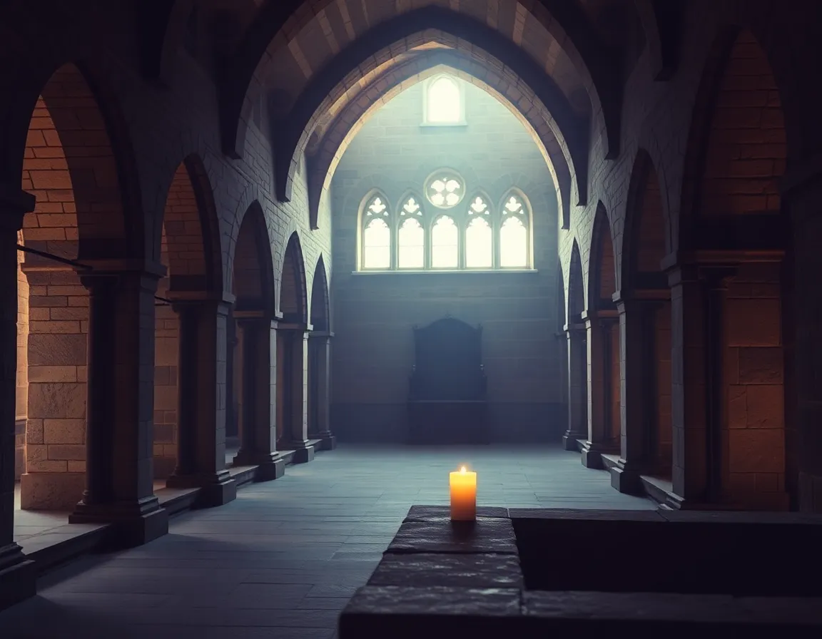 Cloître silencieux éclairé par la lumière du matin et une bougie