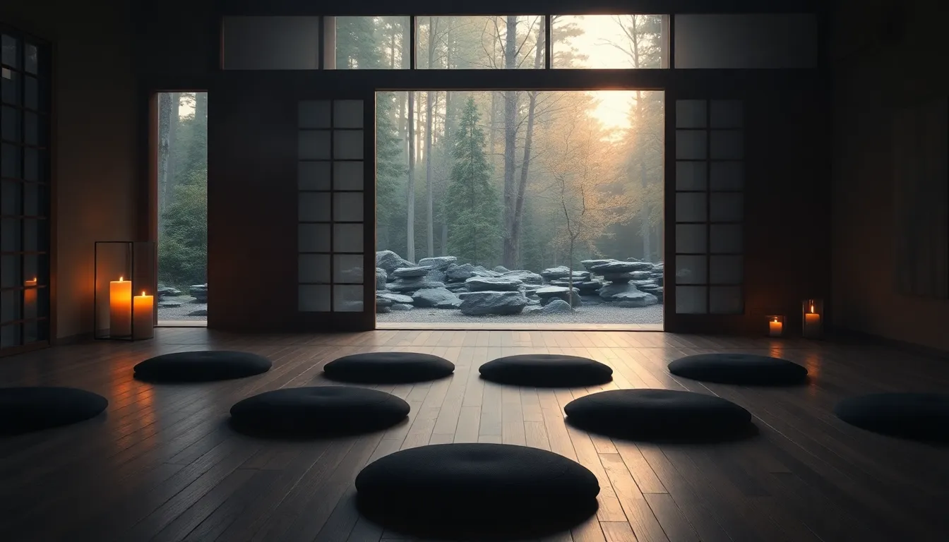 Salle de méditation zen avec coussins alignés et jardin de pierres en arrière-plan