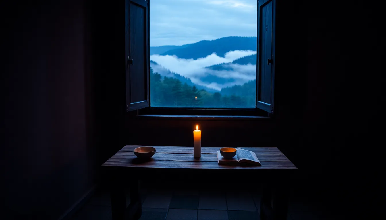 Chambre de monastère dépouillée avec une bougie allumée face aux collines boisées des Vosges