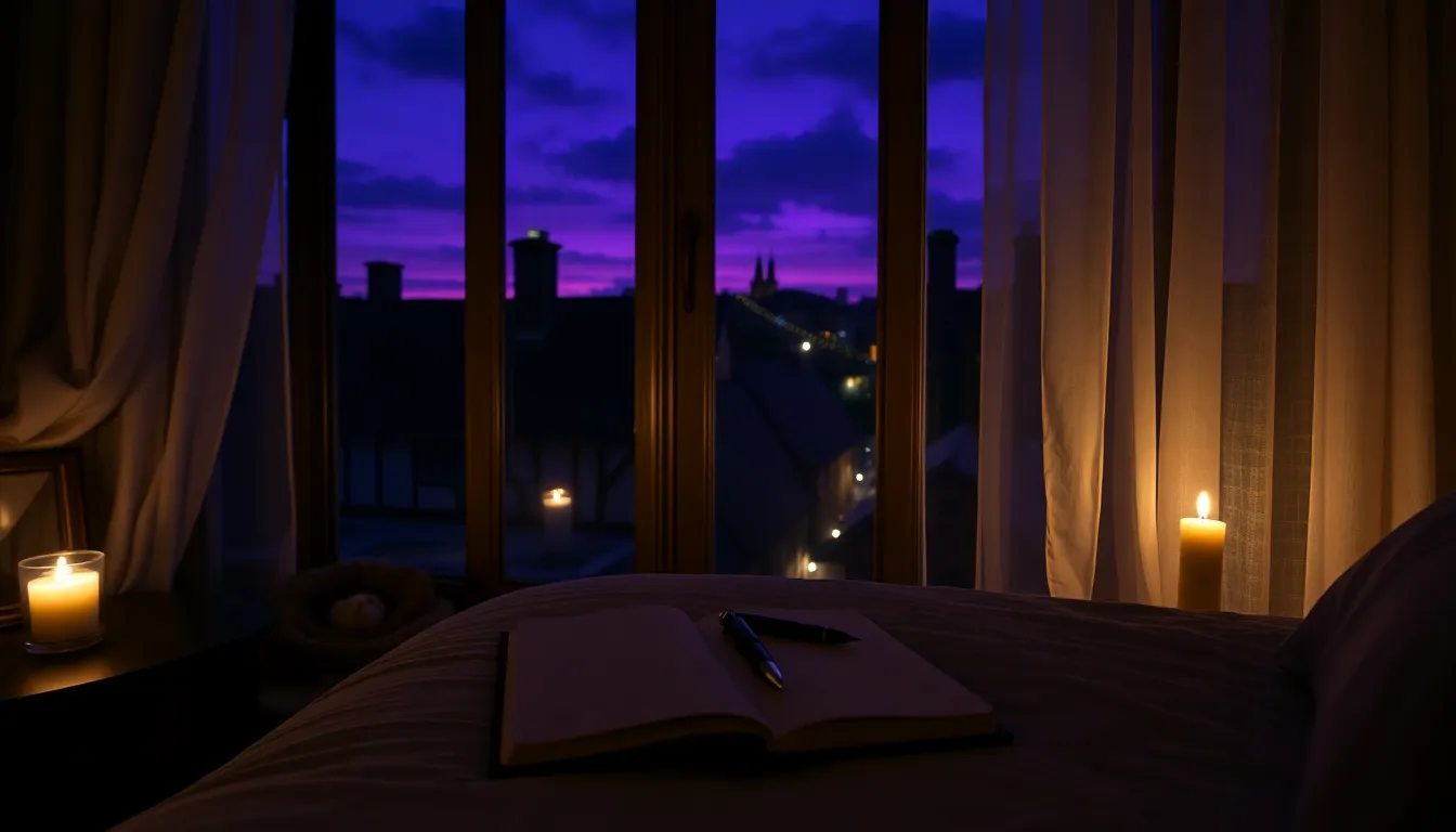 Chambre paisible la nuit avec un carnet fermé et une bougie sur la table de chevet