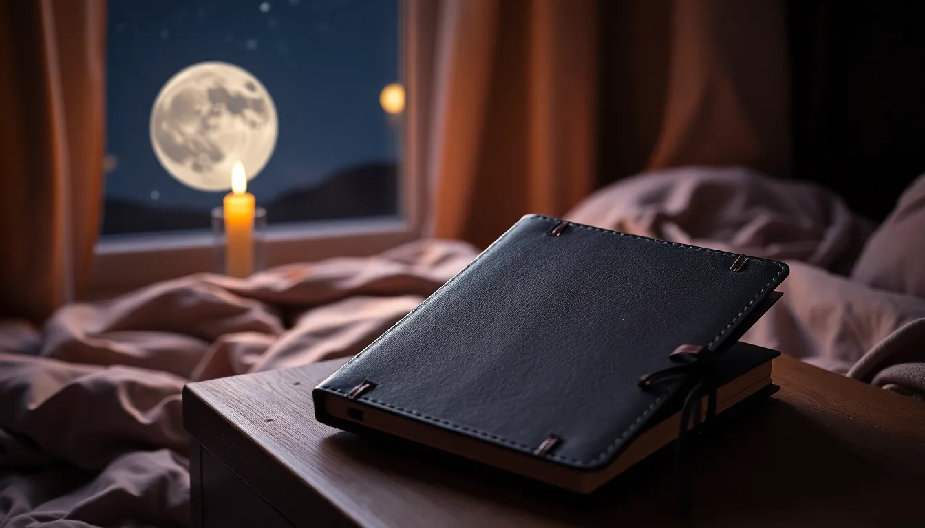 Carnet de rêves ouvert sur une table de nuit éclairée à la bougie, sous la lumière de la lune