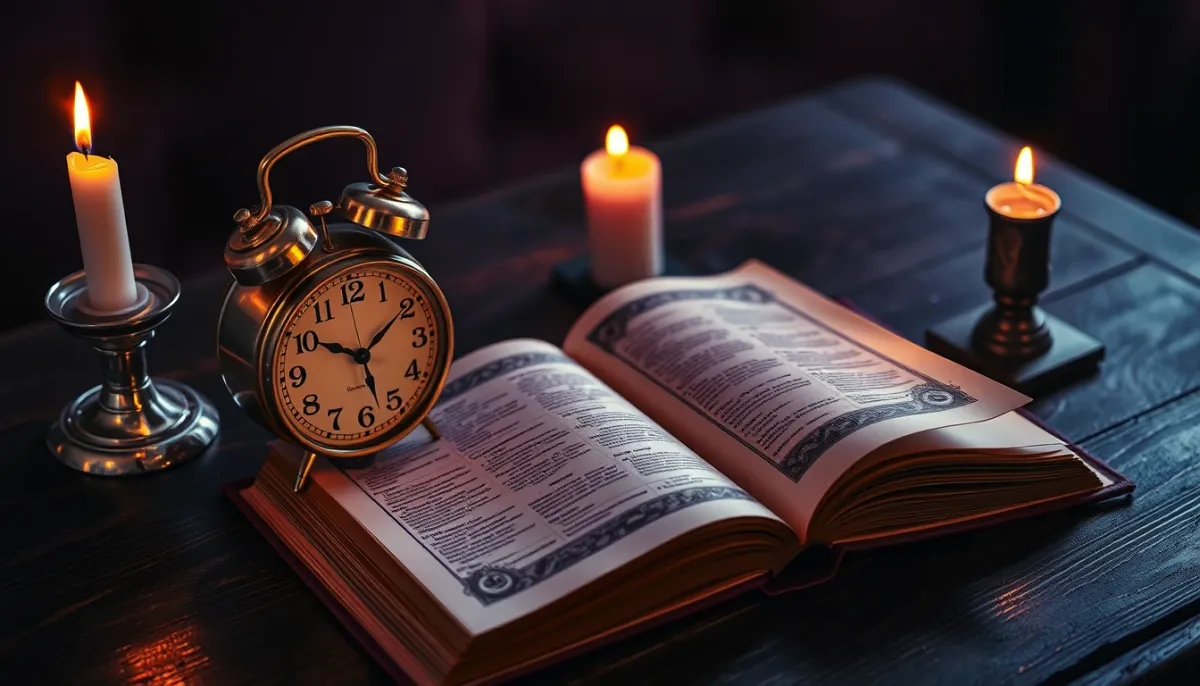 Réveil ancien en laiton et livre de numérologie ouvert sur une table en bois, éclairés à la bougie