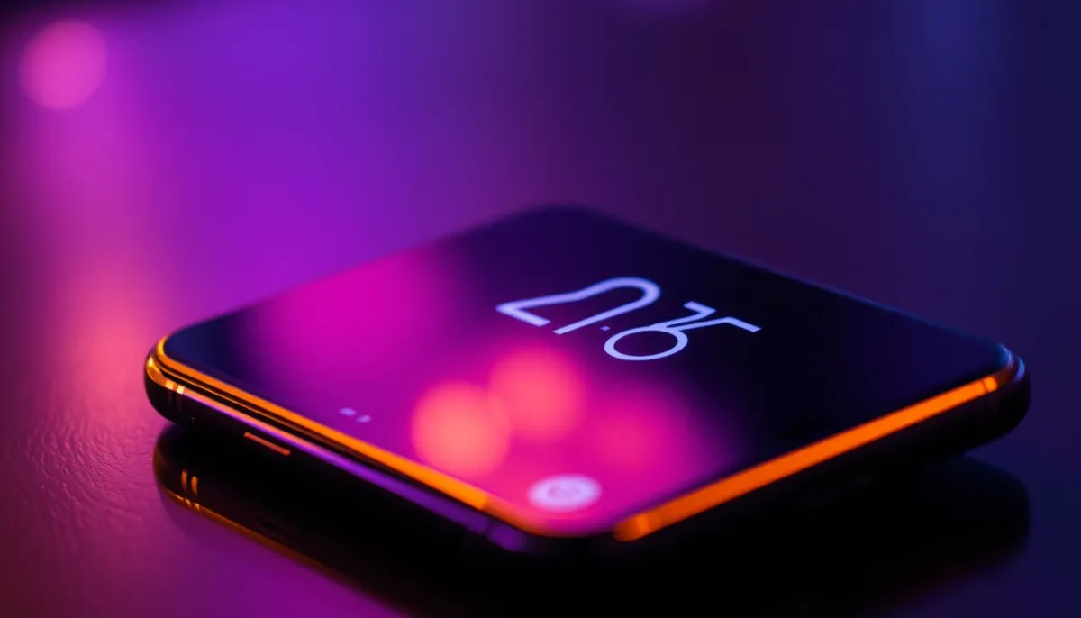 Écran de smartphone affichant une heure miroir dans une lumière chaude et violette