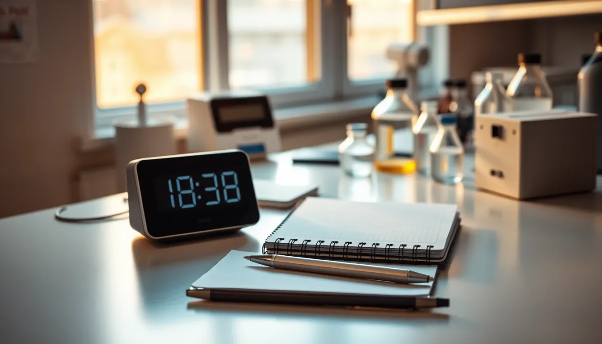 Bureau de laboratoire moderne avec horloge numérique, carnet et stylo, éclairé par une lumière naturelle douce