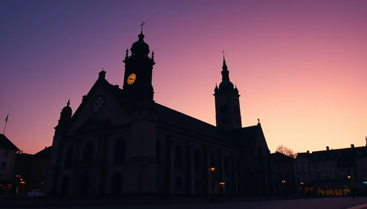 Silhouette d'une cathédrale européenne historique avec tour d'horloge au crépuscule, ciel violet et lumière dorée
