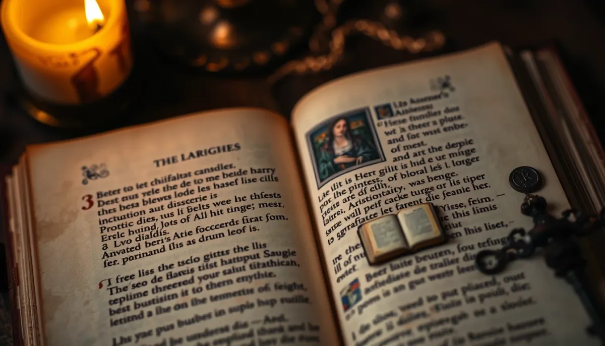 Manuscrit ancien ouvert montrant une miniature d'abbesse avec un livre, éclairé à la bougie, évoquant la Vita Odiliae