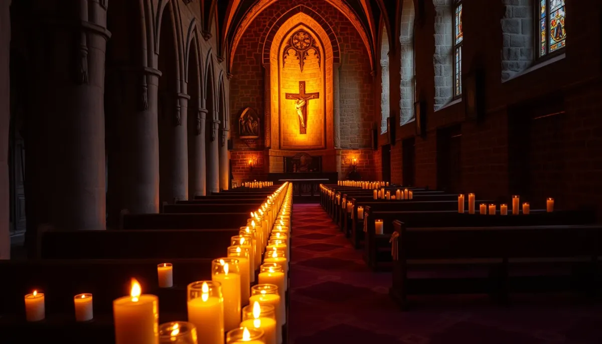 Intérieur d'une chapelle en pierre éclairée par des rangées de cierges, ambiance chaleureuse et recueillie au Mont Sainte-Odile