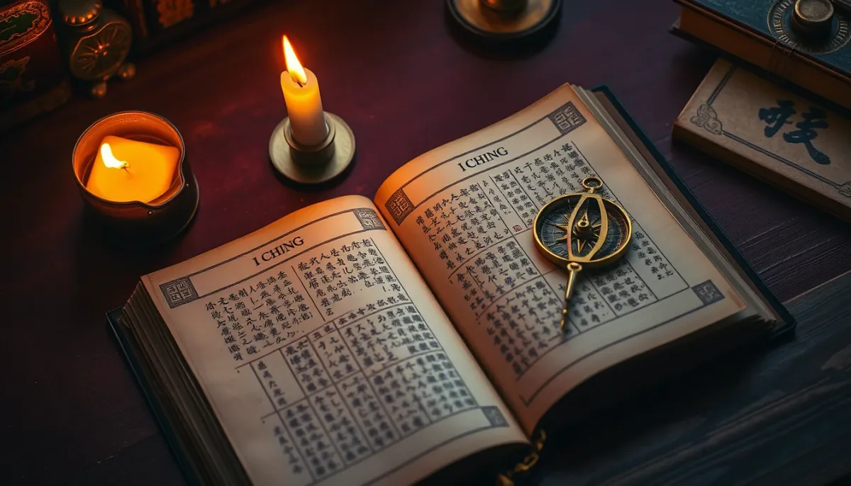 Bureau avec un livre ancien chinois et une boussole dorée, éclairé à la bougie, évoquant l'histoire de la synchronicité
