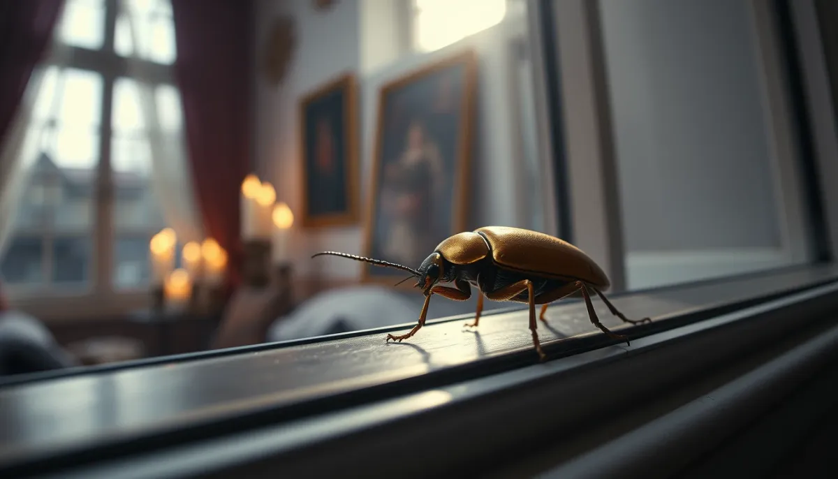 Scarabée doré sur un rebord de fenêtre, symbolisant l'exemple célèbre de synchronicité de Jung