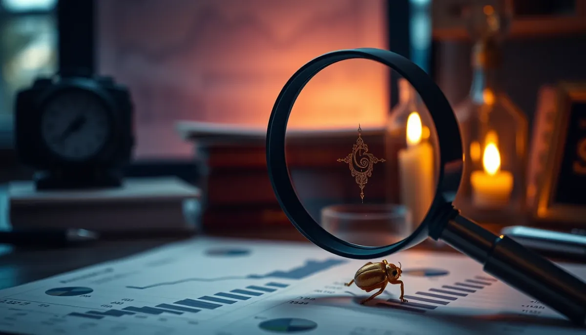 Bureau de scientifique avec une loupe, des graphiques statistiques et un scarabée doré, illustrant le regard critique sur la synchronicité