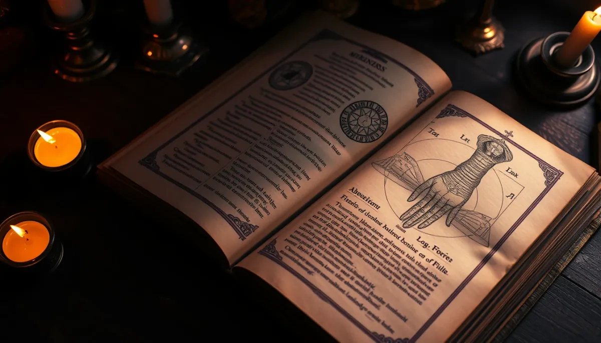 Manuscrit ancien ouvert montrant des illustrations de chiromancie et d'astrologie