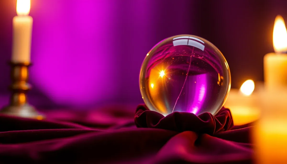 Gros plan sur une boule de cristal posée sur un tissu violet, éclairée à la bougie