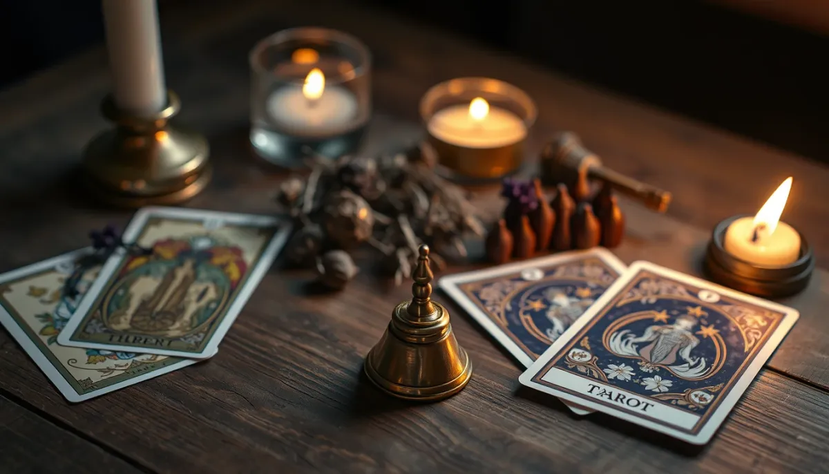Nature morte avec cartes de tarot, clochette en laiton et herbes séchées sur une table en bois