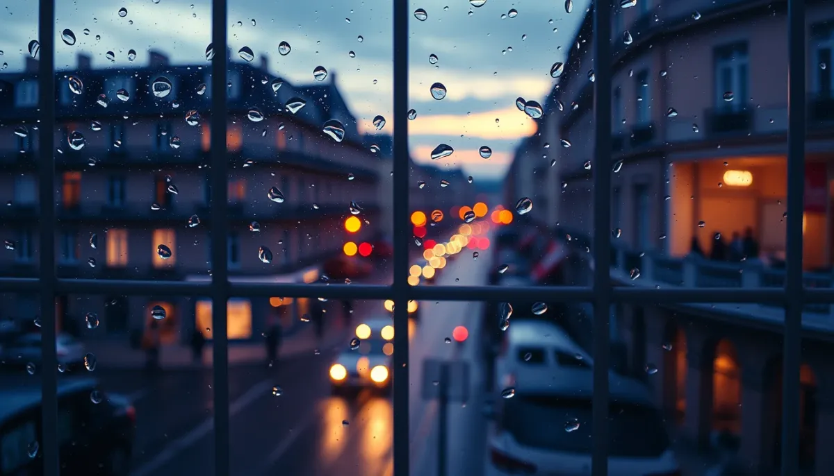 Vue à travers une fenêtre embuée sur une rue européenne au crépuscule, ambiance mystérieuse